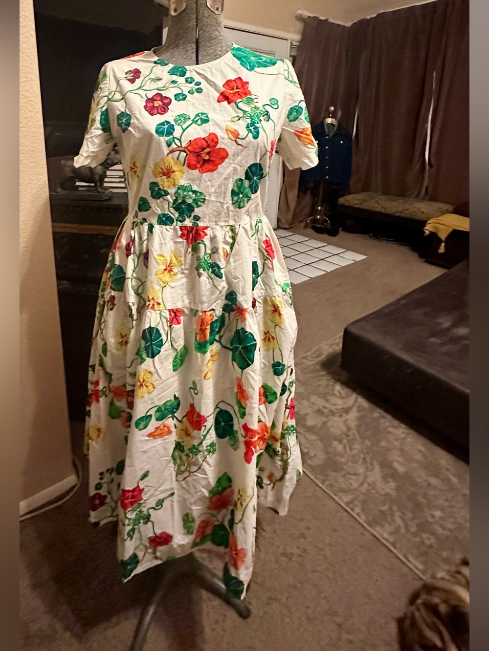 Dolce & Gabbana White Floral Maxi Dress with Green and Red Accents
